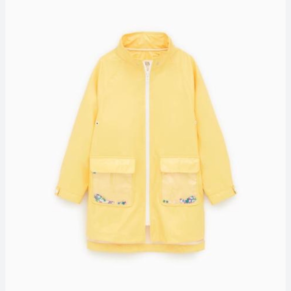 Zara Kids Yellow Rain Jacket with Transparent Hood and Pockets Size 9
